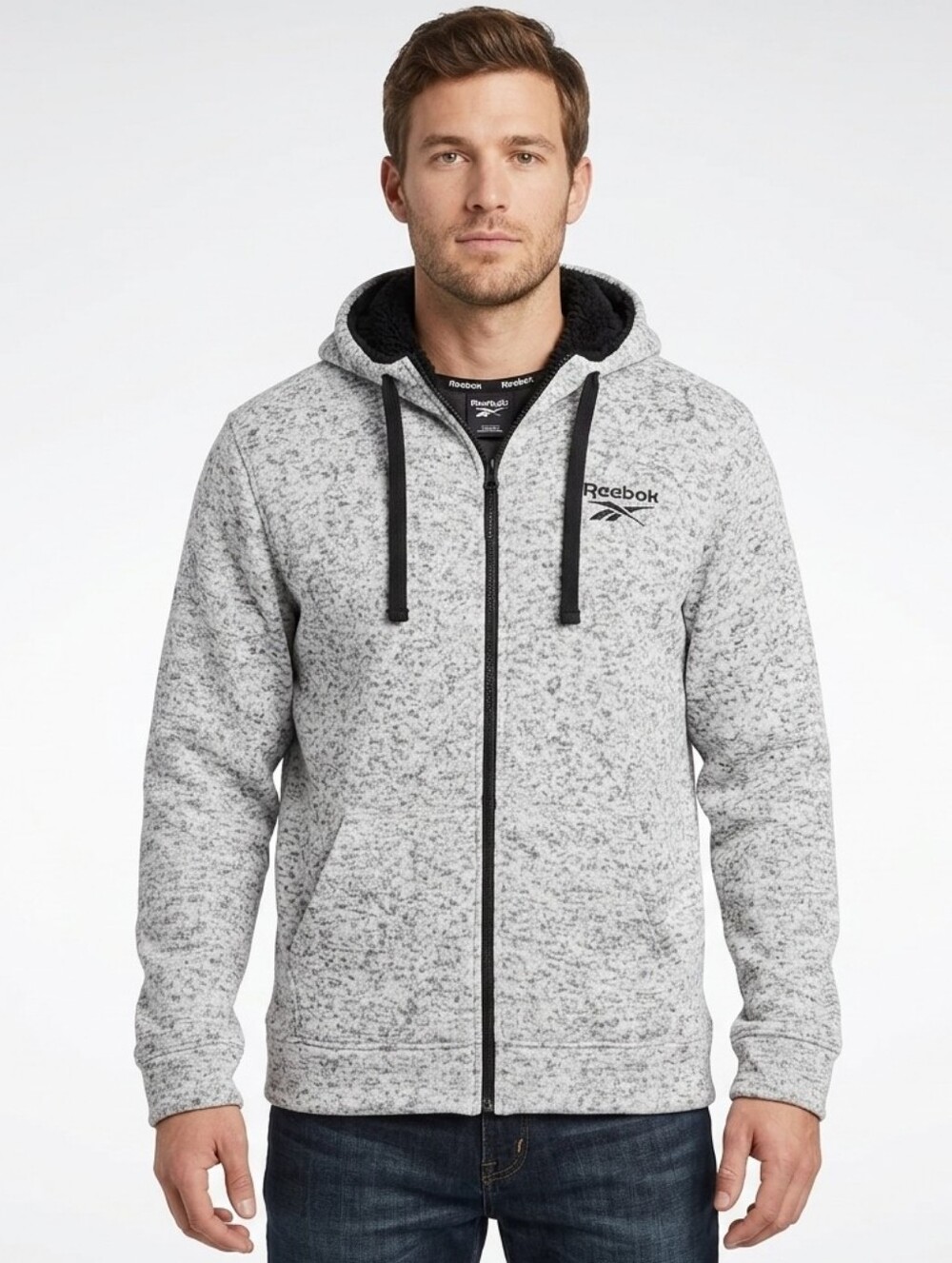 Mens Reebok Hoodie size medium Heather grey zipper 100% polyester With Pockets